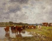 尤金 布丹 : Cows in a Meadow on the Banks of the Toques